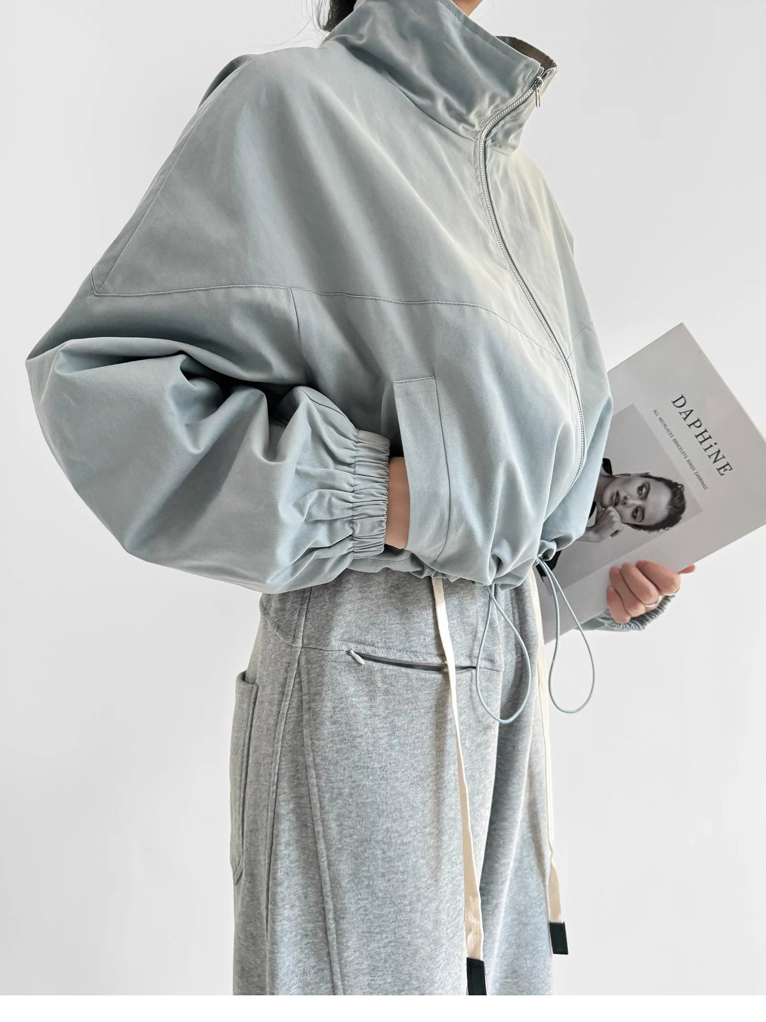 Women's Cropped Utility Jacket - Drop Shoulder Drawstring Hem Ribbed Cuffs Lightweight Cotton