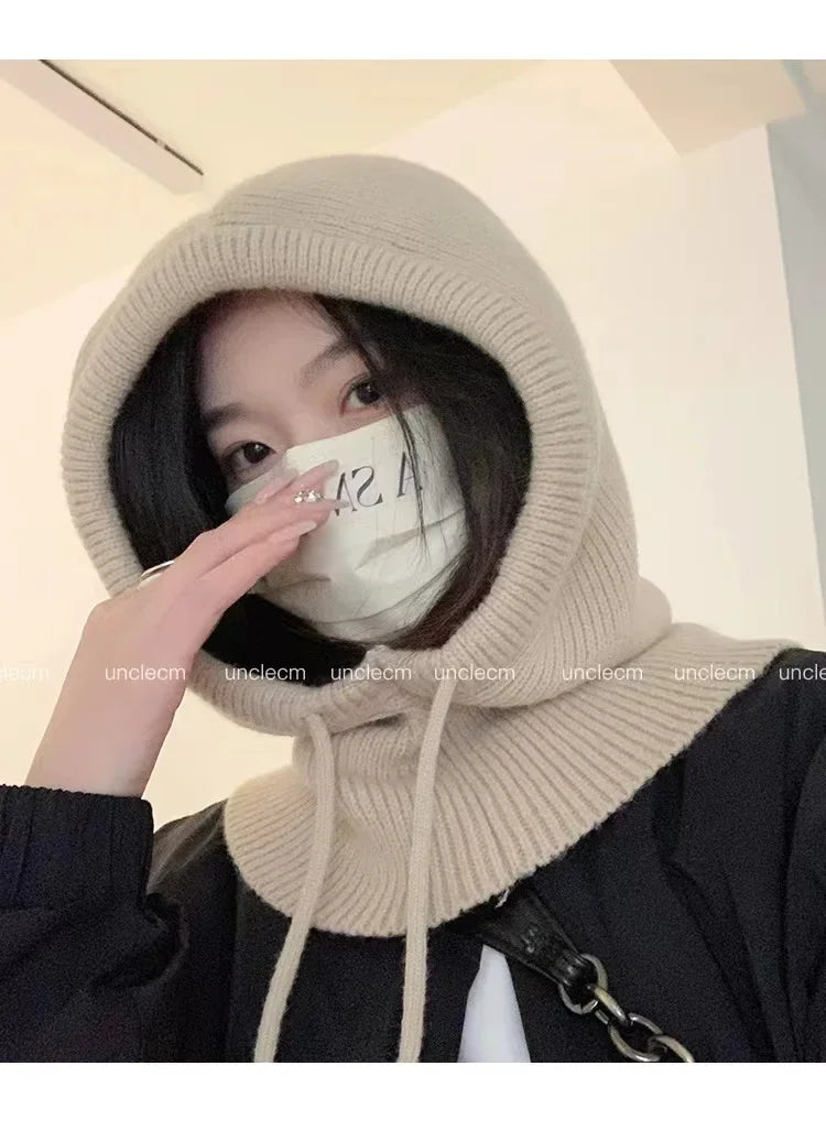 Winter Balaclava Hats For Men&Women Unisex Knitted Hooded Caps Outdoor Warmer Drawstring Hats One-Piece Neck Collar Beanies Cap