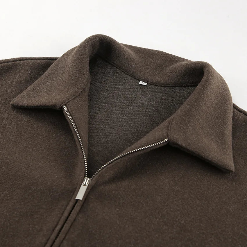 Women's Brown Wool Zipper Jacket for Autumn and Winter-Longsleeved Lapel Short Coat-Fashionable Casual Street Commuter Outerwear