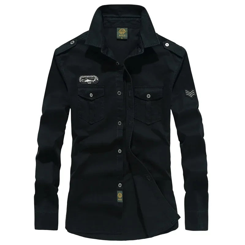 2023 Spring Shirts Men Long Sleeve Casual 100% Cotton High Quality Camisa Military Shirts Fashion Brand Clothing Black Blouse