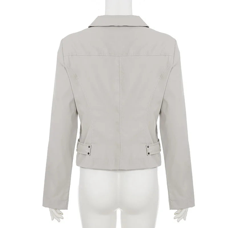 Women Jacket Pocketd Long Sleeve dCasual Zipper Coats Slim Fit Turn Down Collar Solid Outwear Elegant Lady Autumn