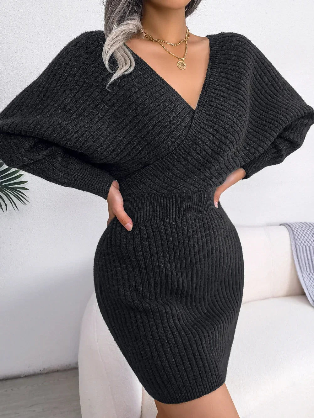 Autumn Winter Casual Sexy Cross V Neck Batswing Sleeve Dress for Women Solid Color Wrap Hip Woolen Dress