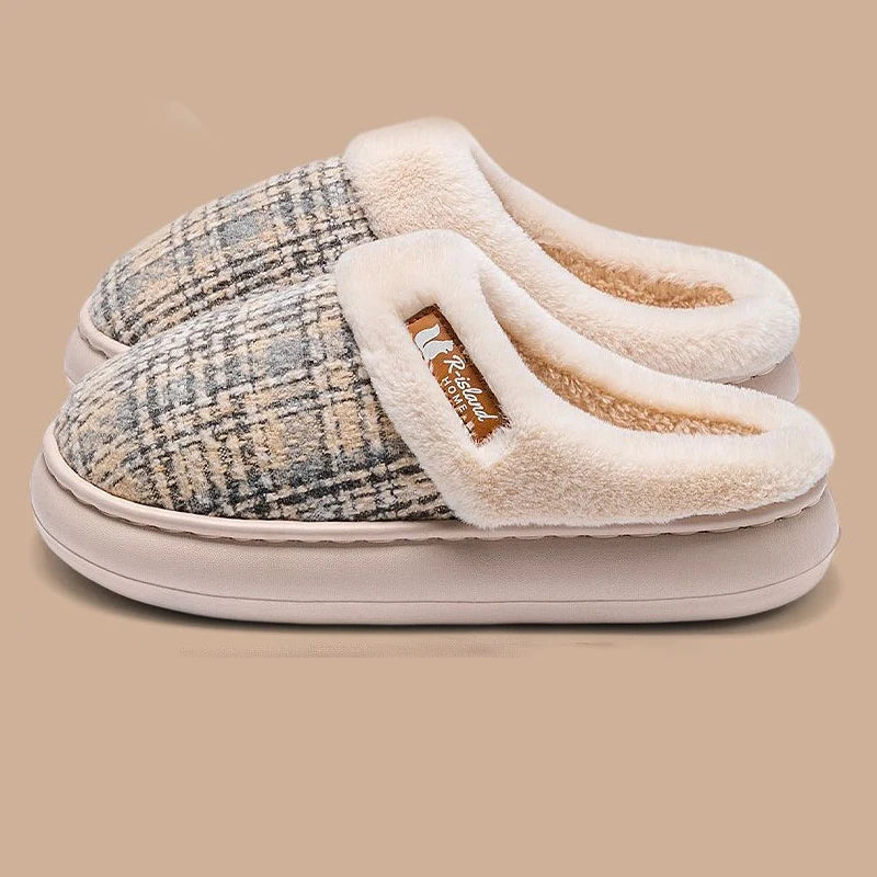Winter Warm Slippers men for Women  grid House Non Slip Soft Shoes Comfort Flat Heel Home Indoor Bedroom Plush Slippers