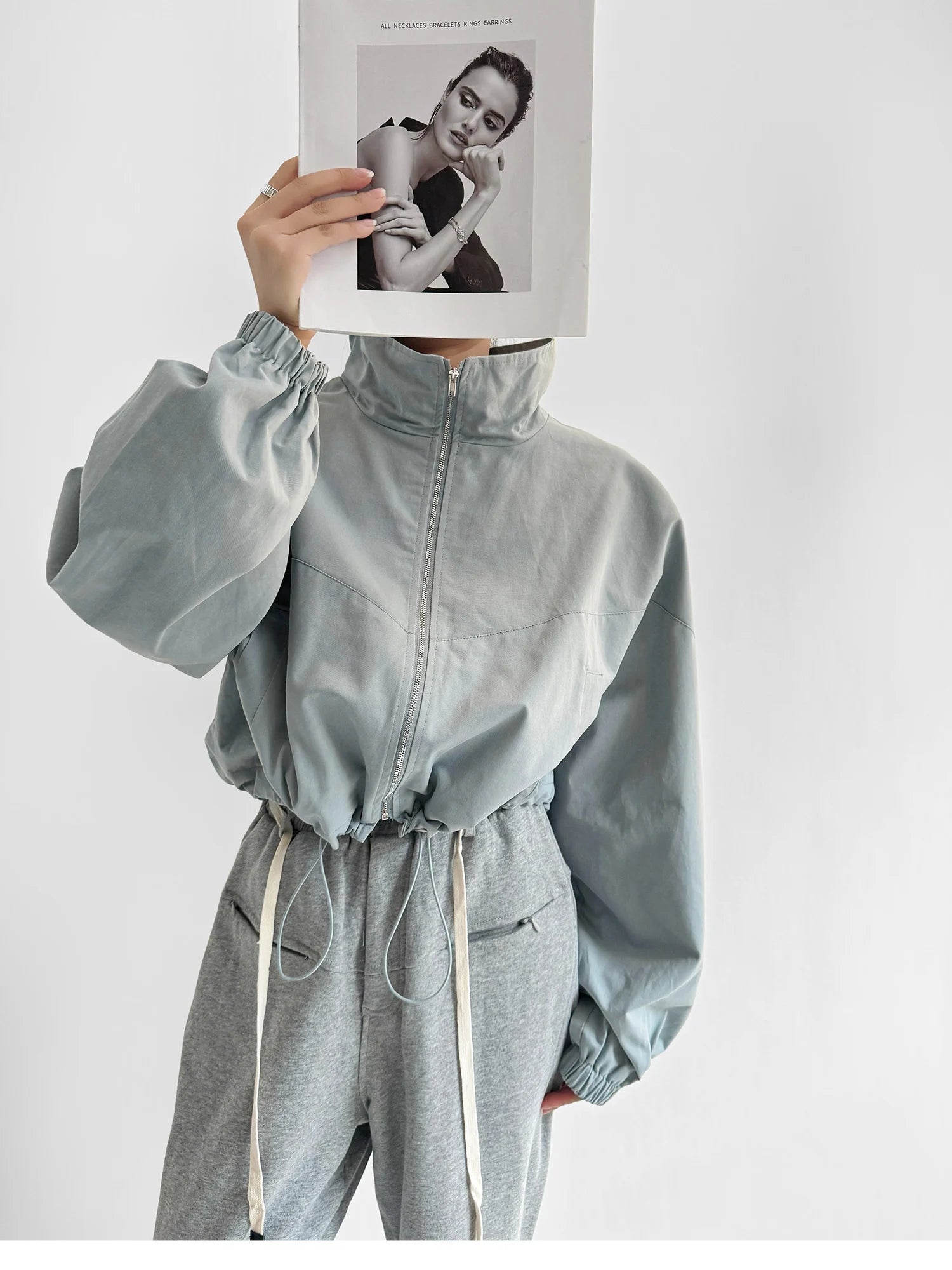 Women's Cropped Utility Jacket - Drop Shoulder Drawstring Hem Ribbed Cuffs Lightweight Cotton