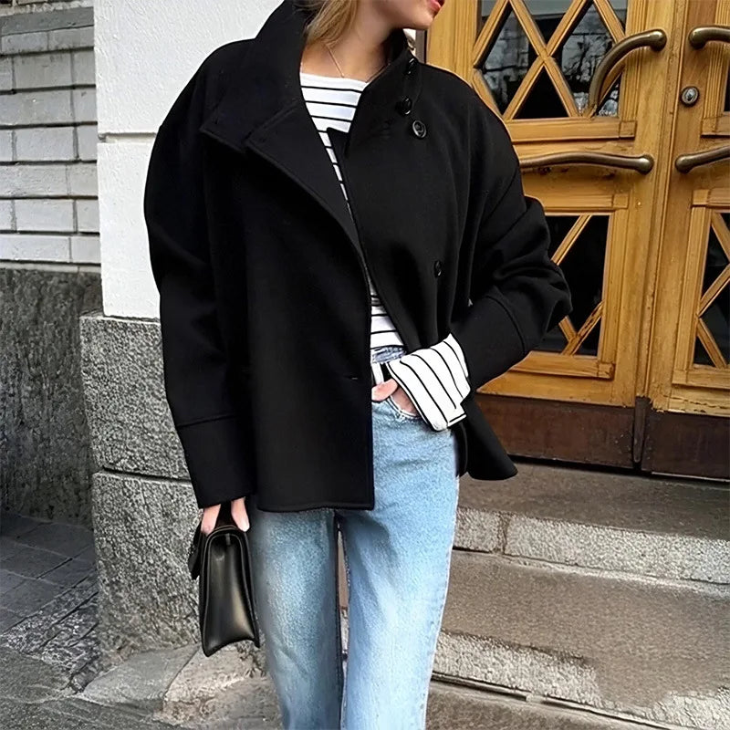 2025 Fall and Winter Women's Jacket Elegant Stand Collar Single Breasted Buttoned Loose Coat Woolen Solid Women Coat Outwears