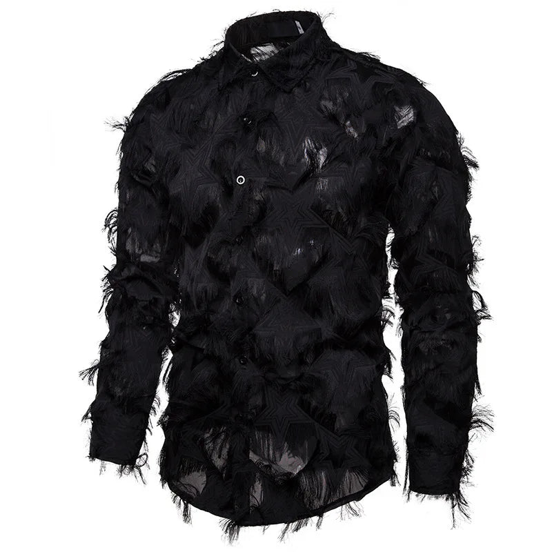 Shirts Men Party Feather Shirt Turn Down Collar Full Sleeve Single Breasted Splice Regular Solid Prom Tops Spring Summer
