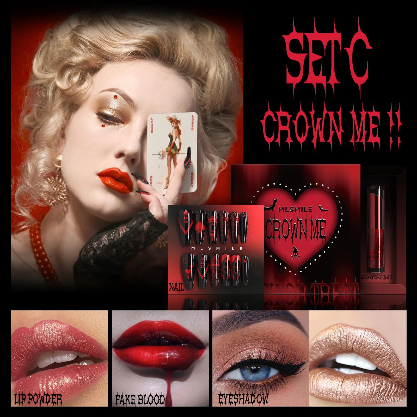 MLSMILE Halloween Makeup Set Eyeshadow Glitter Lip Glaze Fake Blood Wearing Armor 4pcs/set Festive Set Trick or Treat Cosmetics