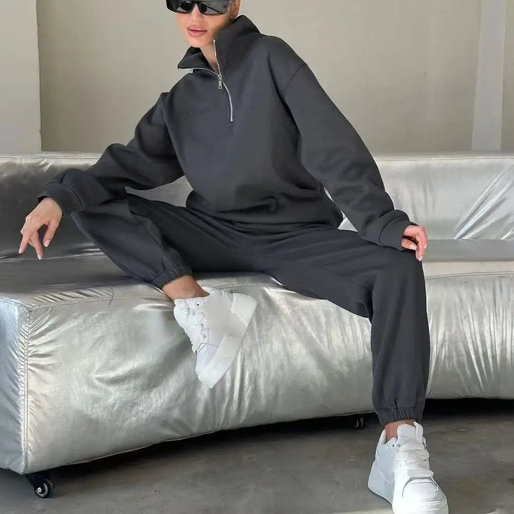 Fashionable Women's Sports Suit, Solid Color Loose Lapel, Long-sleeved Top, Straight-leg Pants, 2025 Women's Casual Sports Suit