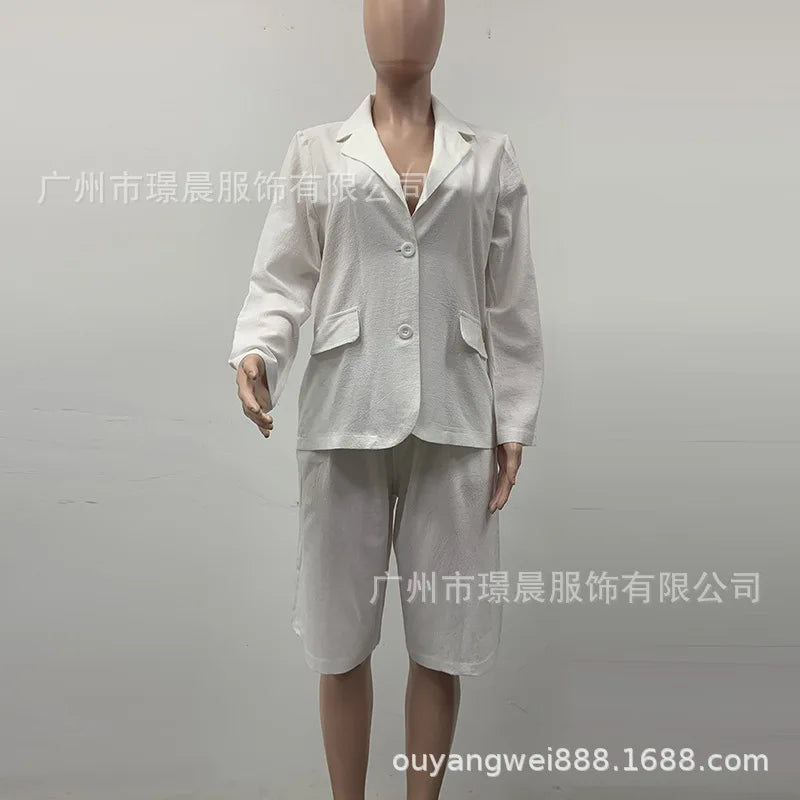 Women's suit two-piece set 2025 spring new women's fashion casual commuting solid color cardigan top shorts two-piece set
