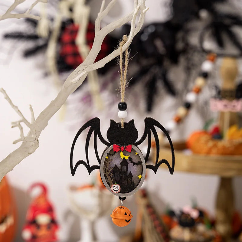 Halloween Wooden Lamp Pumpkin Bat Spider Pendant Ghost Festival Atmosphere Arrangement Glowing Horror Ornament Hanging Decor