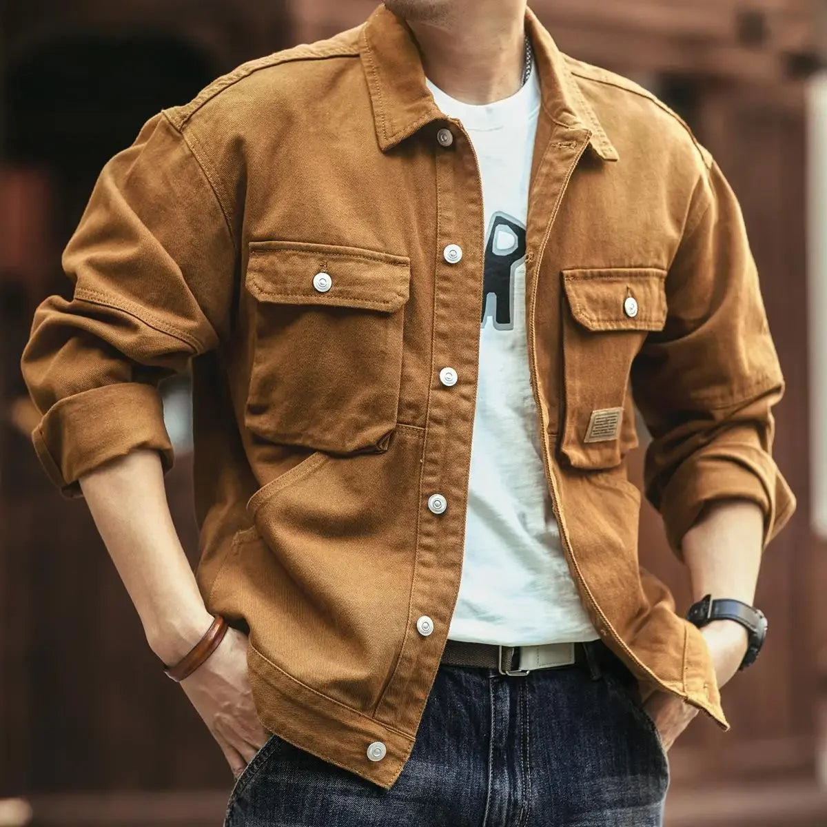 High end work jacket, men's spring and autumn trendy brand, loose American retro lapel jacket, casual and handsome denim jacket