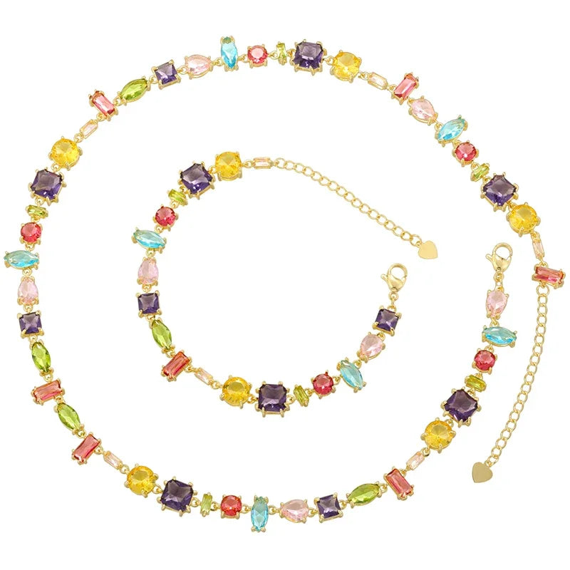 ZHUKOU 18K Golden Plated Colourful Crystals Elegant Collarbone Necklace Ladies Beaded Bracelet Ladies Jewellery:VL585 VL586