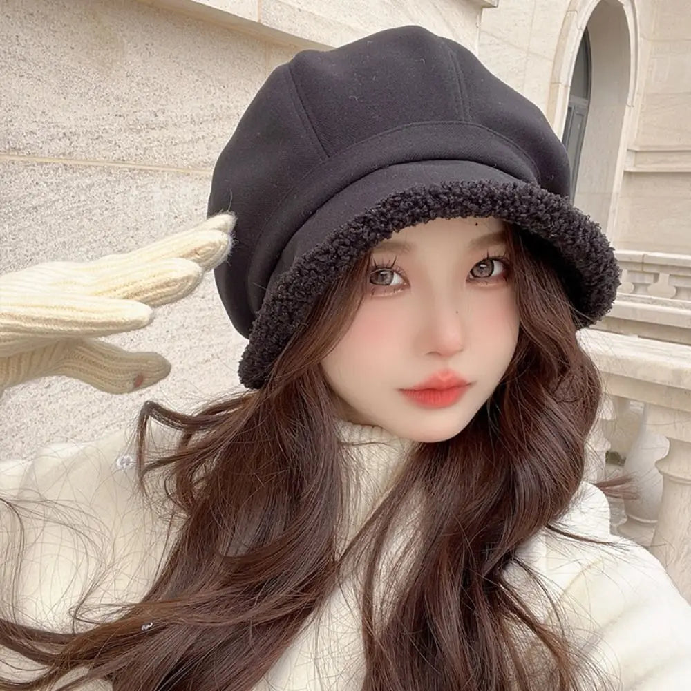Winter Hats for Women Suede Bucket Hat Plus Velvet Lamb Hair Caps Outdoor Warm Thick Beret Wide Brim Windproof Cap Thick Hats