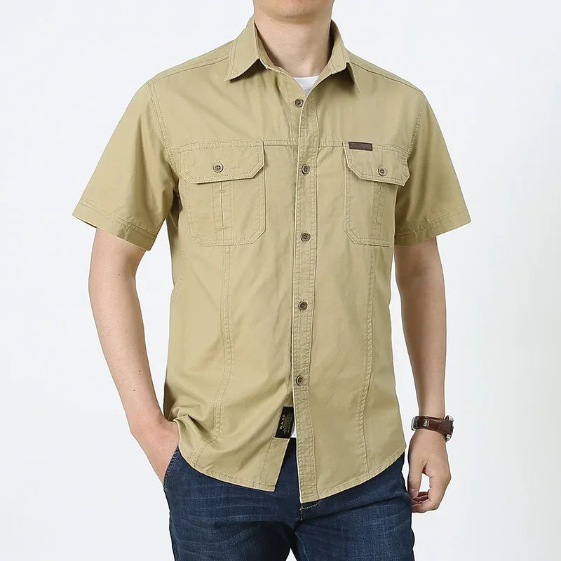 2023 Men Cargo Shirt Casual 100% Cotton Solid Short Sleeve Multi Pocket Work Blouses Loose Plus Size 5XL Business Men Clothing