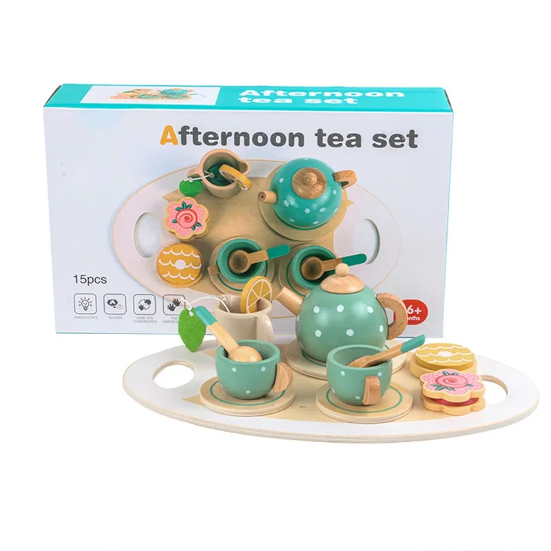 Kids Wooden Afternoon Tea Set Toys Kitchen Accessories Tea Party Food Play Early Educational Toys for Toddlers Girls Boys Gifts