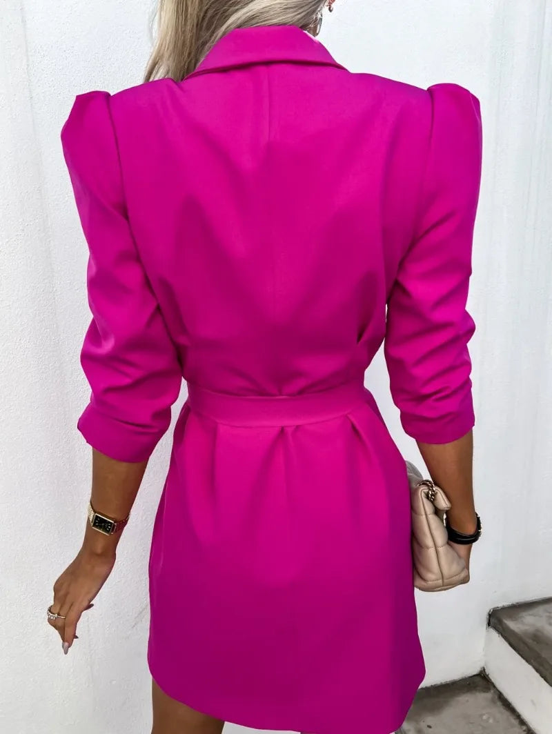 Women's Fashionable Elegant Casual Fit  Comfortable Long Sleeved Printed Collar Suit Jacket Dress with Belt