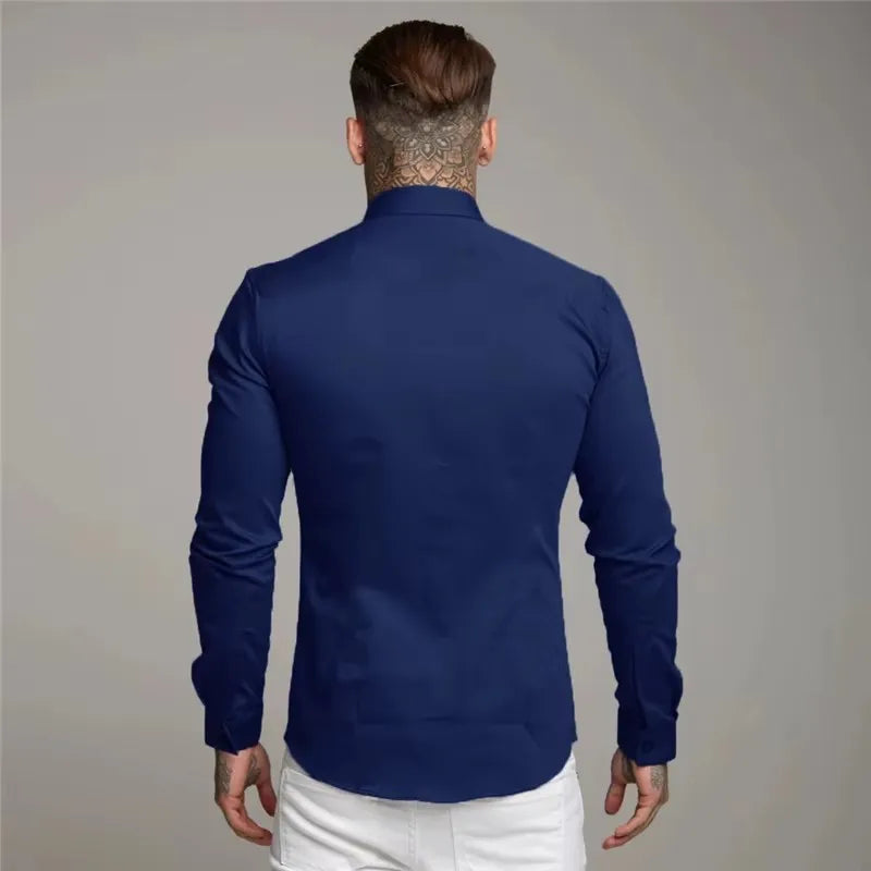 Men's Shirt Fashion Full Sleeve Shirt Men's Muscle Casual Slim-fit Business Dress Solid Color Shirt Men's Gym Fitness Men Shirt