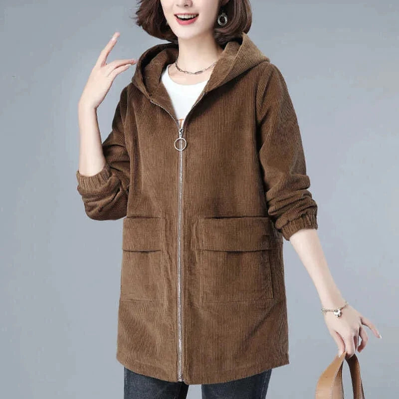 Corduroy Jacket For Women Autumn New Korean 5XL Casual Hooded Middle-aged Mother Windbreaker Coat  2189