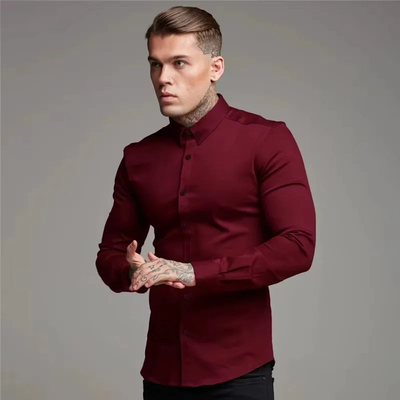 Men's Shirt Fashion Full Sleeve Shirt Men's Muscle Casual Slim-fit Business Dress Solid Color Shirt Men's Gym Fitness Men Shirt