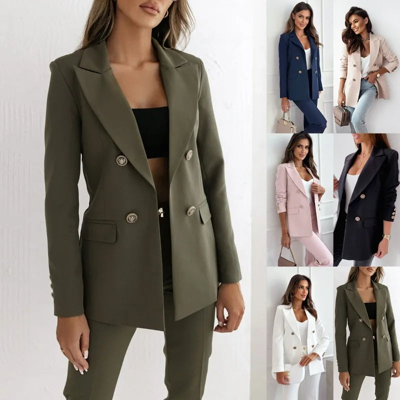 Women's Commuting Suit Jacket Autumn and Winter Double Breasted Versatile Solid Color Fashionable  Coat Casual Urban Style Top