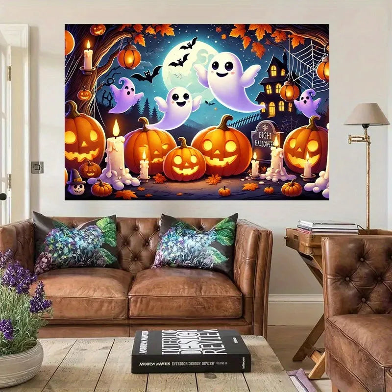 Spooky Halloween Background: Ghosts, Pumpkins & Candles for a Hauntingly Fun Decor! Tapestries,holiday party decoration