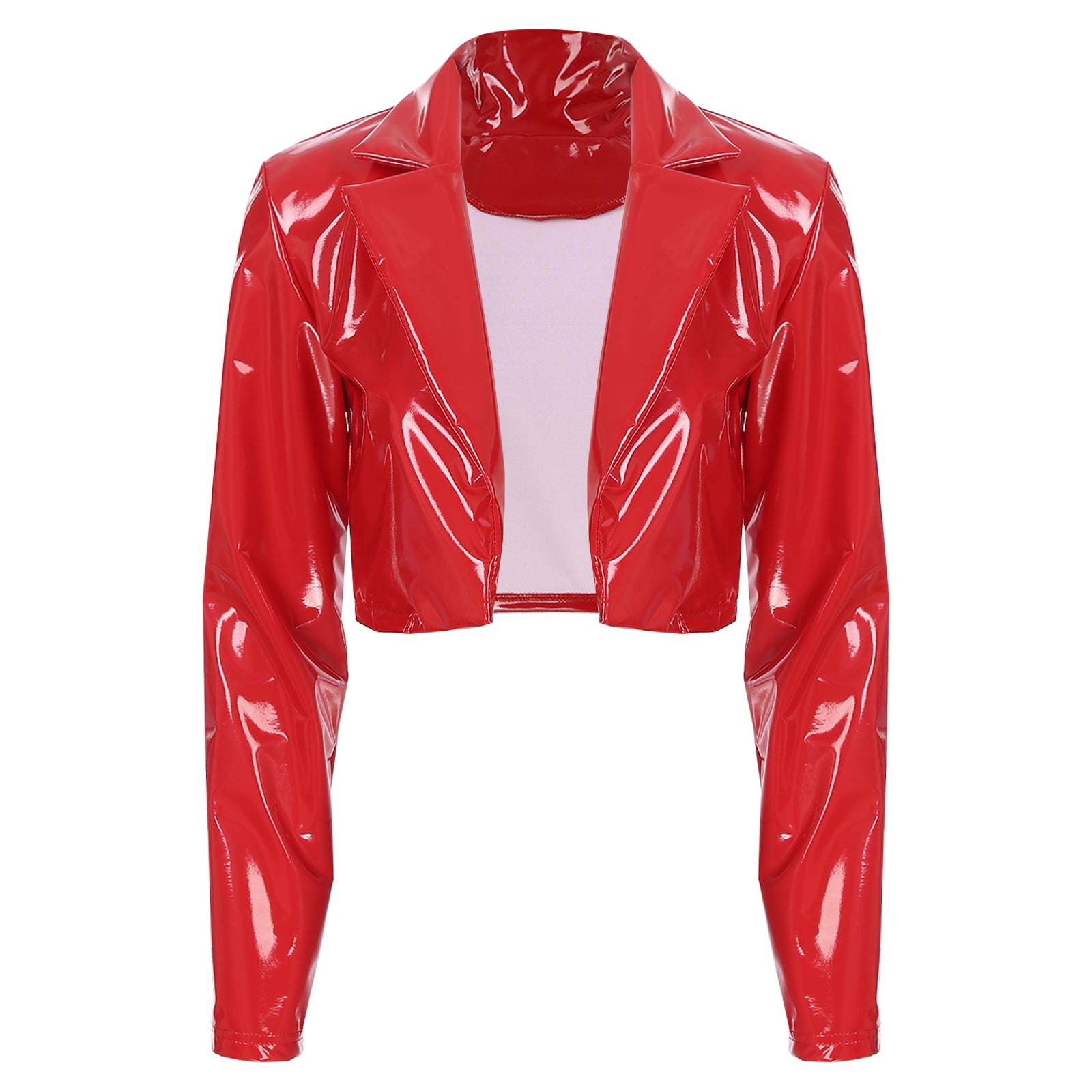 Womens Fashion Black Red Motorcycle Jacket Wet Look Music Festival Clubwear Long Sleeve Patent Leather Lapel Cropped Coat