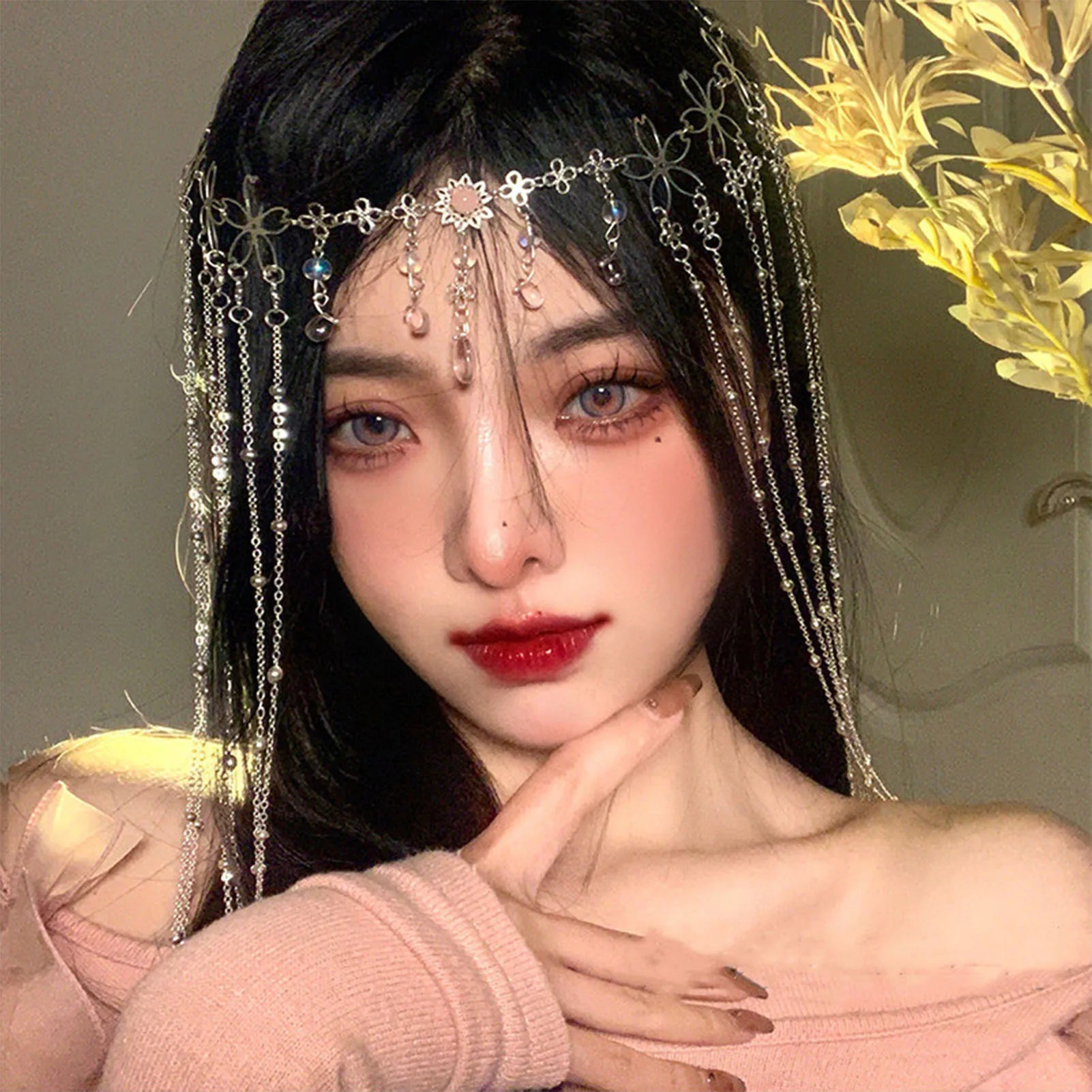 Luxury Jewelry Hair Accessories For Women Waterdrop Flower Tassel Forehead Chain Sexy Red Gemstone Hair Pendant Elegant Hairpin