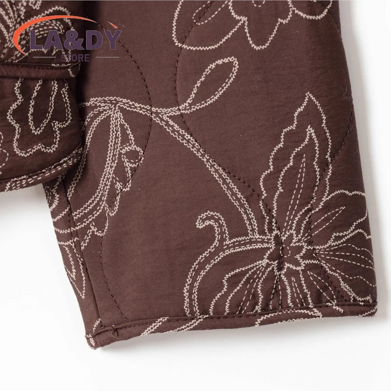 Jacket Coat Women 2025 Autumn Fashion Vintage Chic Print O-Neck Buttons Oockets Casual Loose Outwear Ladies