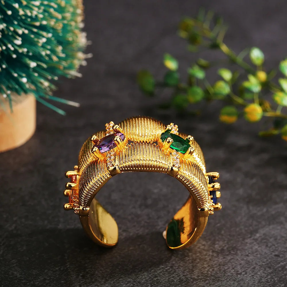 Popular Stainless Steel Rainbow Gemstones Wide Open Bracelet Bangle/Band Ring Knitted Handmade Luxury AU750 Women Jewellery Set