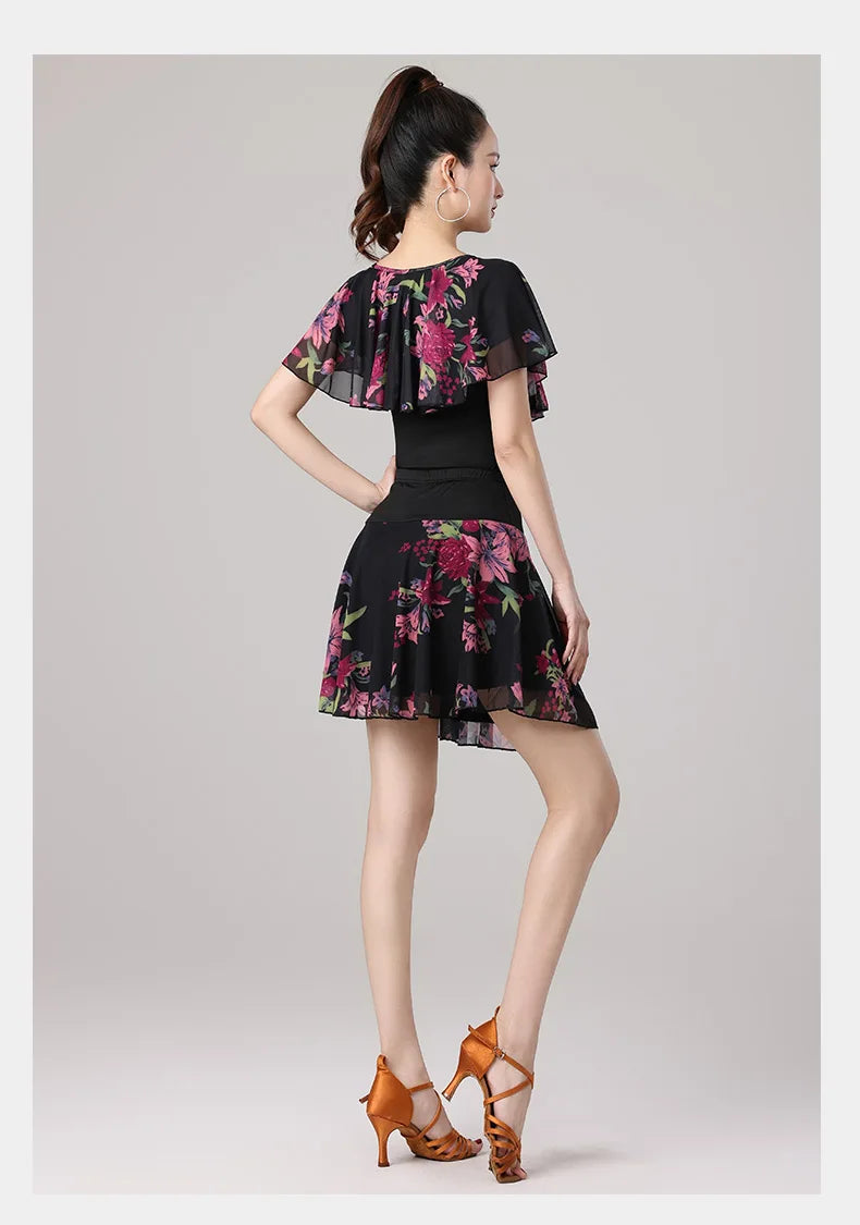 Women Samba Latin Dance Practice Suit Summer New Net Yarn Printed Modern Dance Performance Costume Square Modern Evening Dresses