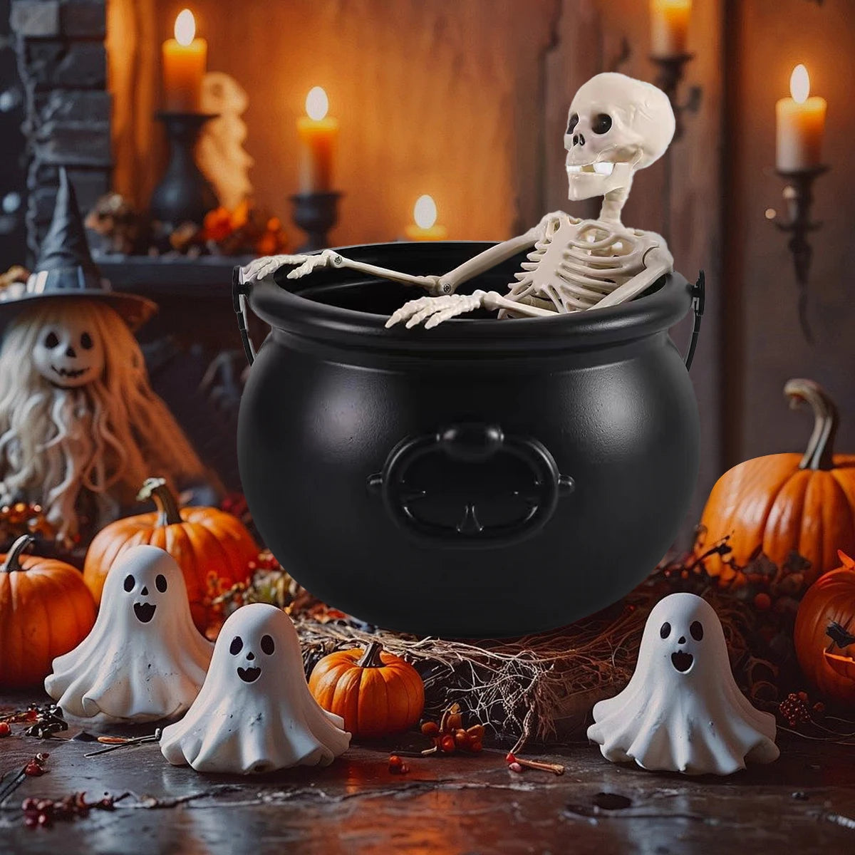 Halloween decorations - Witch's cauldron, Skull skeleton, Indoor family gathering decoration set, Candy bucket, Plant container