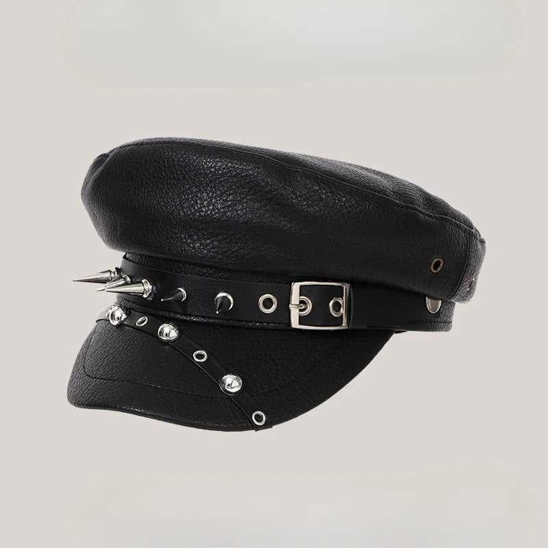 Women's Accessories  Black Pu Leather Flat Top Captain Military Caps Women's Trendy Beret