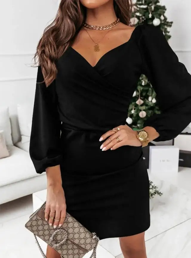 Women's Fashion  Autumn and Winter Solid Color Slim Fit  Dress Ladies  Commuter V-neck Cross Long Sleeve Pullover Dress
