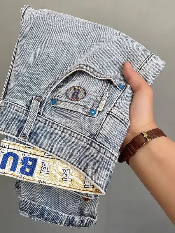 Light Blue Embroidered Jeans Men's Summer Slim Fit Nine-Piece Waed Casual Pants Breathable Straight Leg Jeans Youth Trend