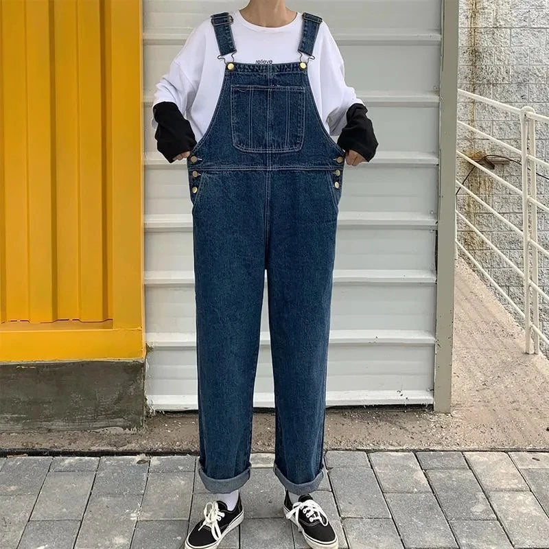 New Men's Denim Overalls Casual Multiple Pockets Loose Splice Straight Rompers Fashion Adjustable Suspenders Jeans For Male