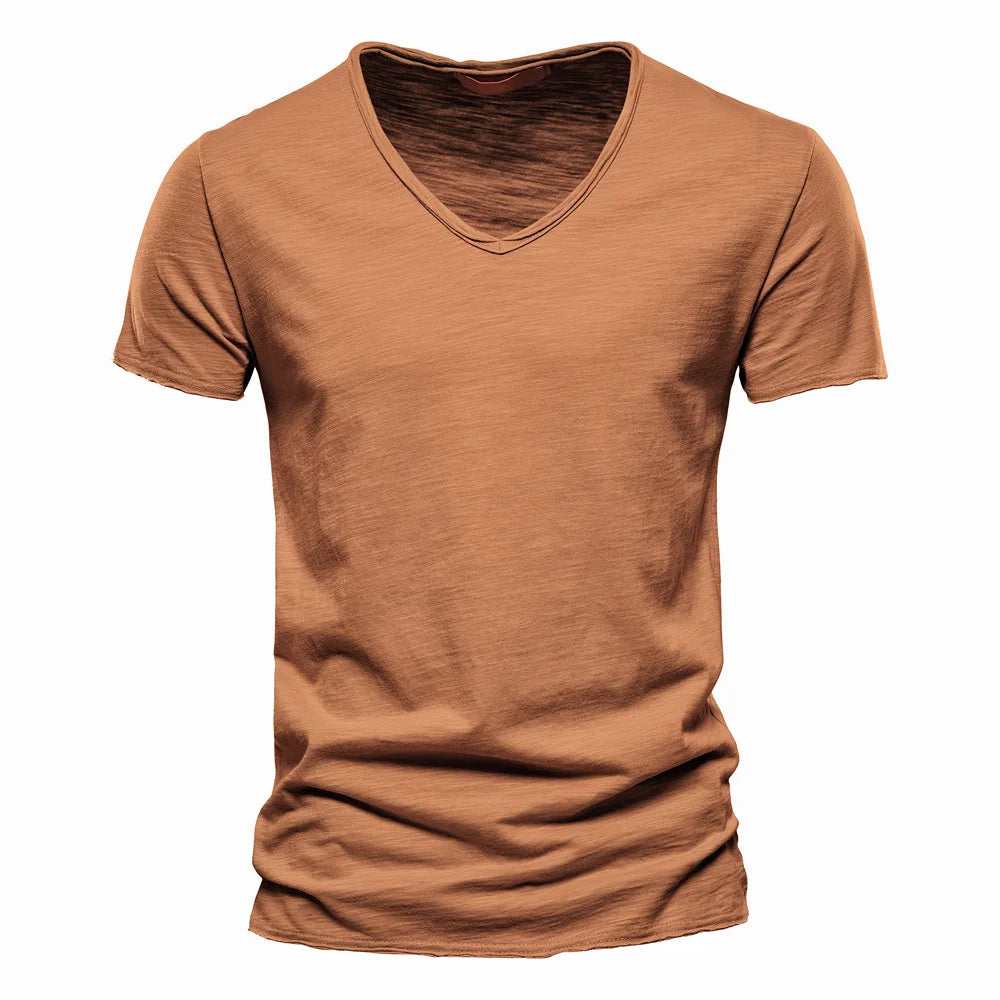 Brand Quality 100% Cotton Men T-shirt V-neck Fashion Design Slim Fit Soild Male Tops Tees Short Sleeve