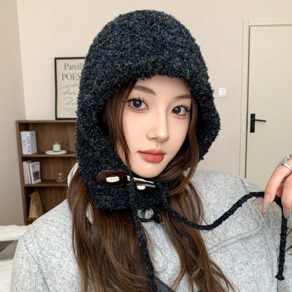 Winter Balaclava Hats For Men&Women Corduroy Hooded Caps Outdoor Warmer Drawstring Hats One-Piece Neck Collar Beanies Cap