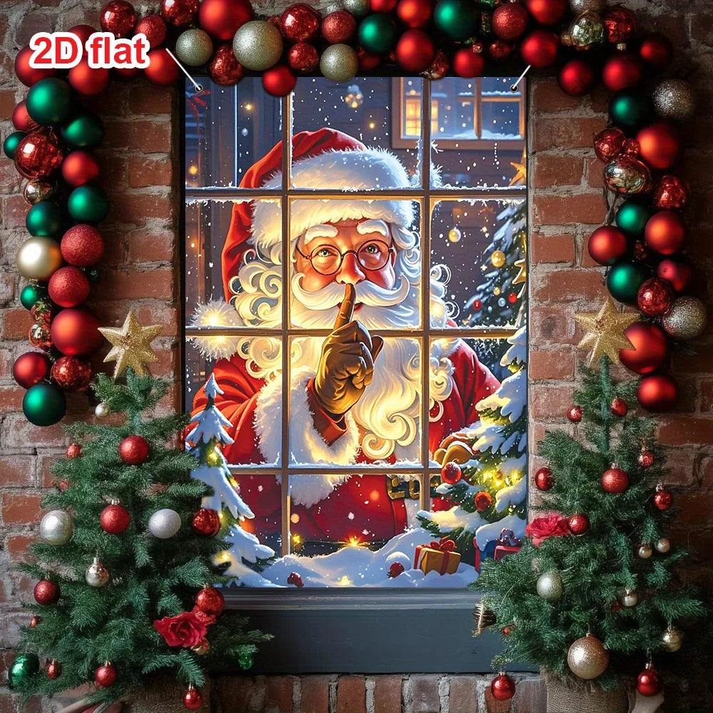 Christmas themed decoration flag, classic Santa Claus in red suit, snow windows, Christmas tree, gifts, and colorful lights
