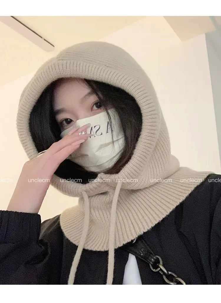 Winter Balaclava Hats For Men&Women Unisex Knitted Hooded Caps Outdoor Warmer Drawstring Hats One-Piece Neck Collar Beanies Cap