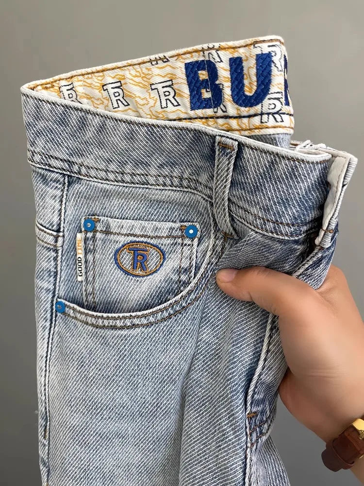 Light Blue Embroidered Jeans Men's Summer Slim Fit Nine-Piece Waed Casual Pants Breathable Straight Leg Jeans Youth Trend