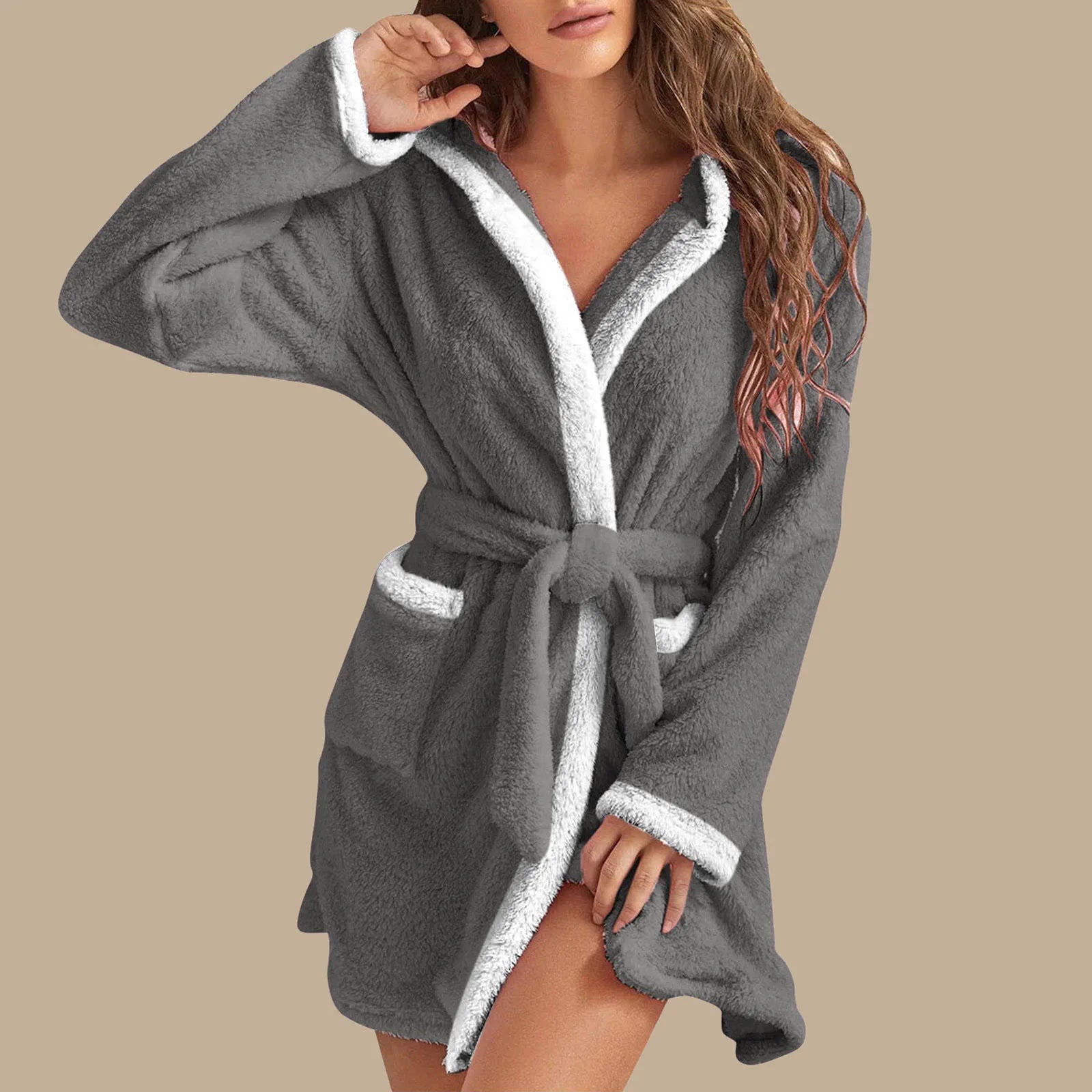 Women's Winter Casual Plush Robe Solid Color Matching Double Pocket Strappy Nightgown Fuzzy Bathrobe Coats Home Clothed Ladies