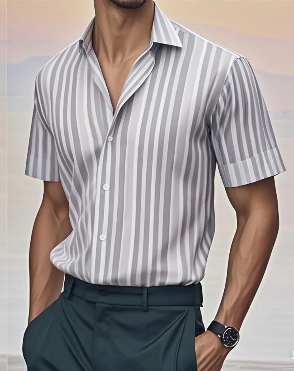 Men's fashion striped shirt, elegant casual comfortable breathable, short sleeves, lapel buttons, soft and comfortable material