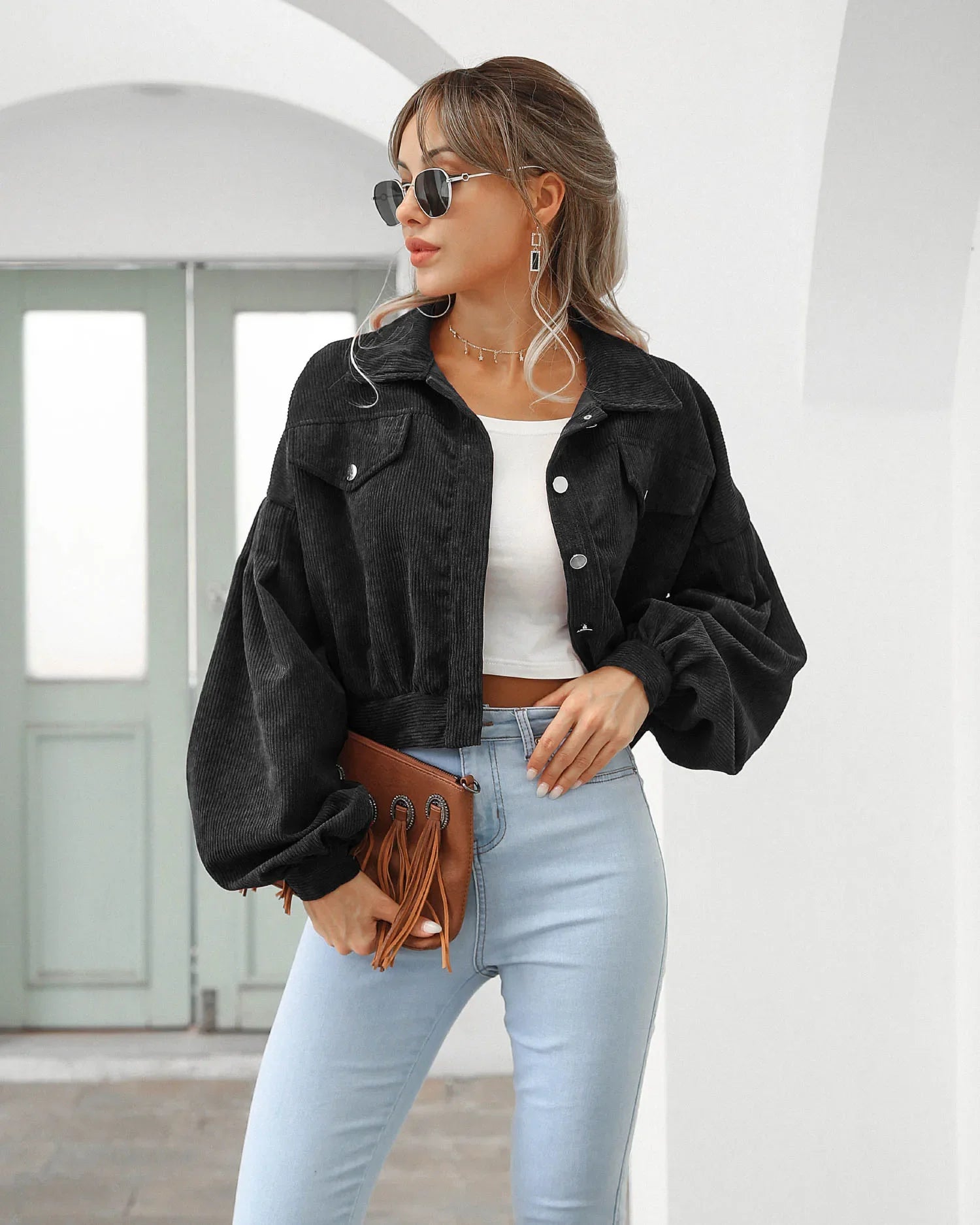 New Autumn Winter Jackets for Women Lantern Sleeve Tops Cropped Bomber Jacket Overcoat Outwear clothes Corduroy Coat 18047