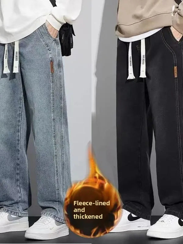 Retro American Wide Leg Men's Jeans Thiened Fce Lined Loose Fit Autumn Winter Wear Resistant Long Trousers Casual Cotton...