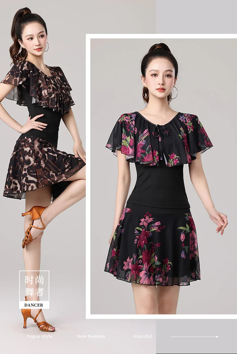 Women Samba Latin Dance Practice Suit Summer New Net Yarn Printed Modern Dance Performance Costume Square Modern Evening Dresses