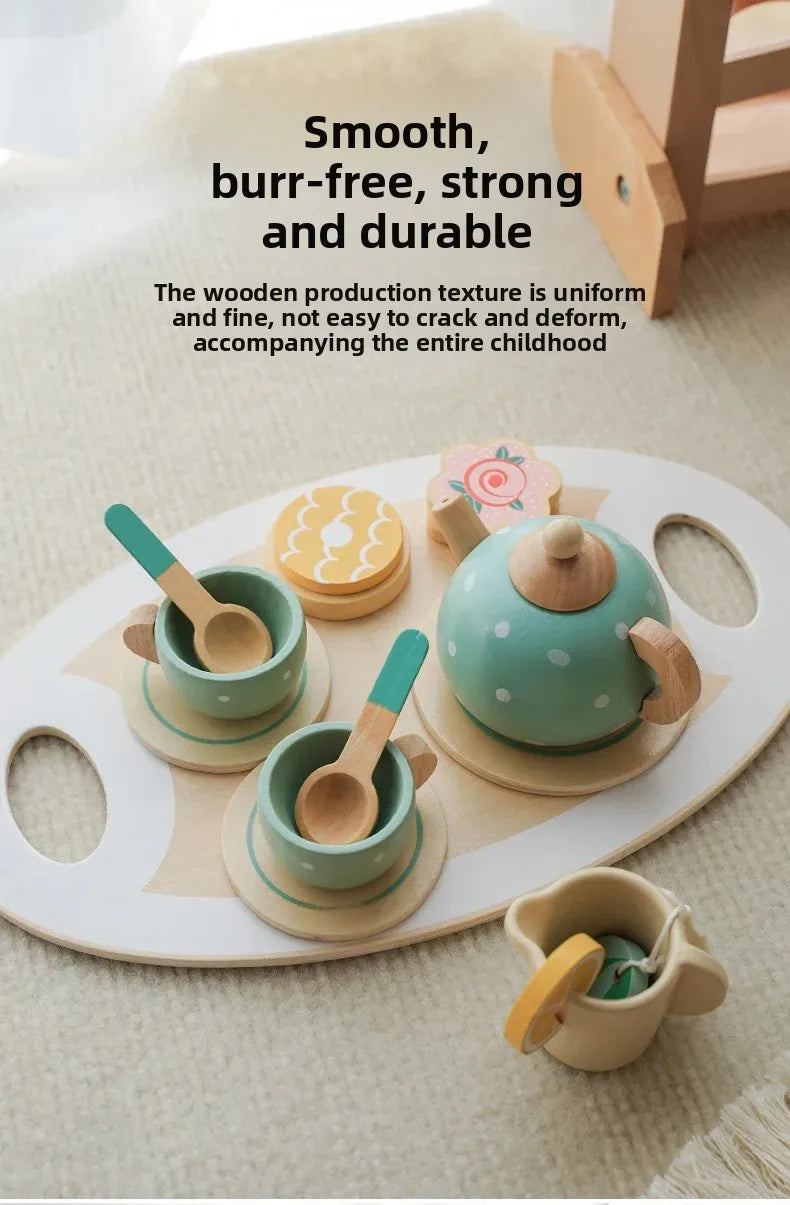 Kids Wooden Afternoon Tea Set Toys Kitchen Accessories Tea Party Food Play Early Educational Toys for Toddlers Girls Boys Gifts