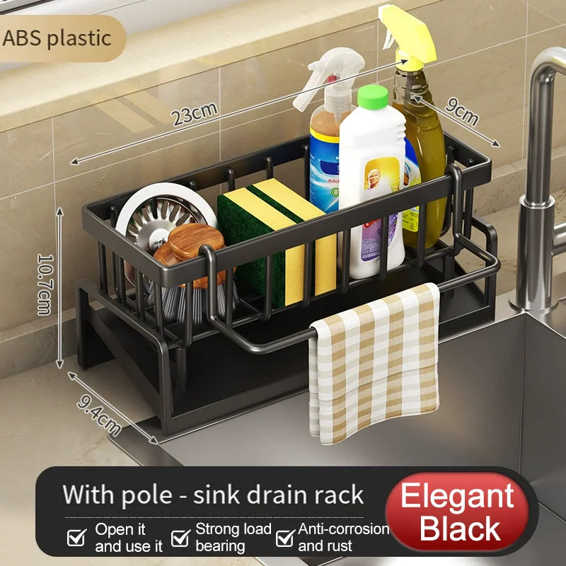Kitchen Drainable Storage Rack With Hanging Rod Countertop Cleaning Supplies Without Punching Multi-Functional Storage Rack Tool