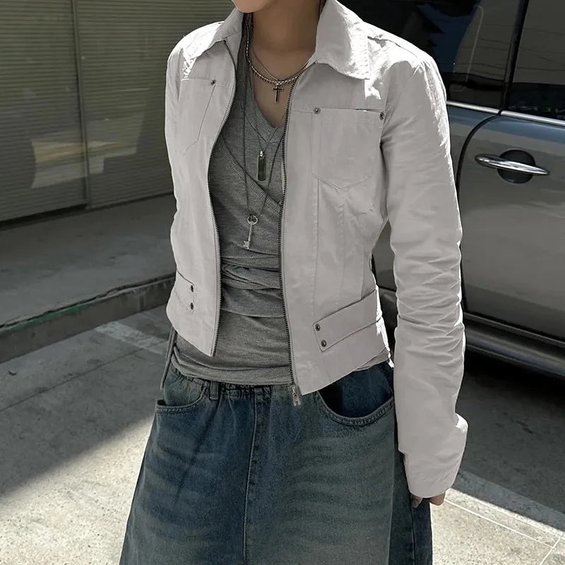 Women Jacket Pocketd Long Sleeve dCasual Zipper Coats Slim Fit Turn Down Collar Solid Outwear Elegant Lady Autumn