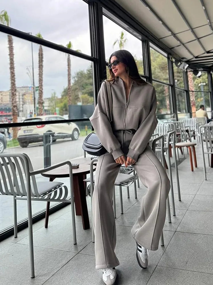 Women Sweatsuit Set Vintage O-neck Zipper Bomber Jackets High Waist Loose Pants Suit Female 2025 Spring Fashion Lady Sportswear