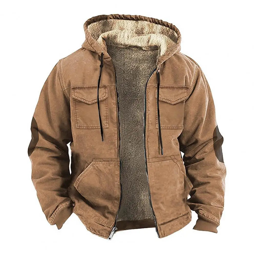 Men Thermal Jacket Hooded Drawstring Long Sleeve Solid Color Jacket With Pockets Zipper Closure Plush Lining Sporty Coat